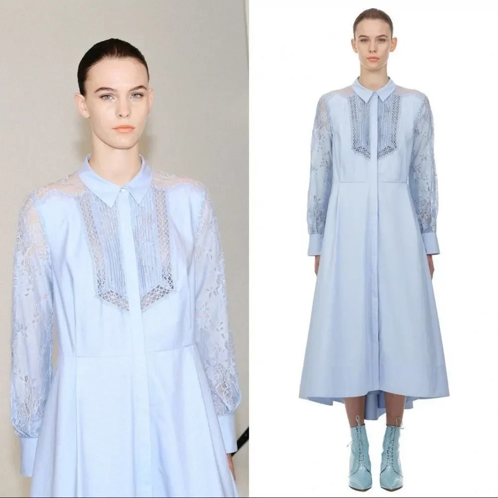 Self Portrait Floral Lace Panel Midi Shirt Dress